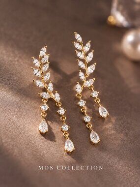18k Gold CZ Leaf Vine Drop Earrings MOS COLLECTION